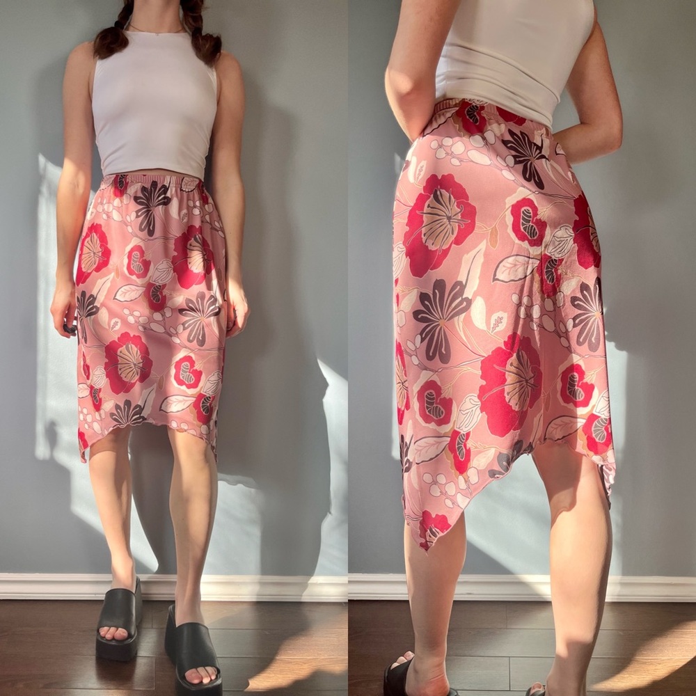 Vintage Y2K Midi Skirt, 00s Pink Floral Skirt